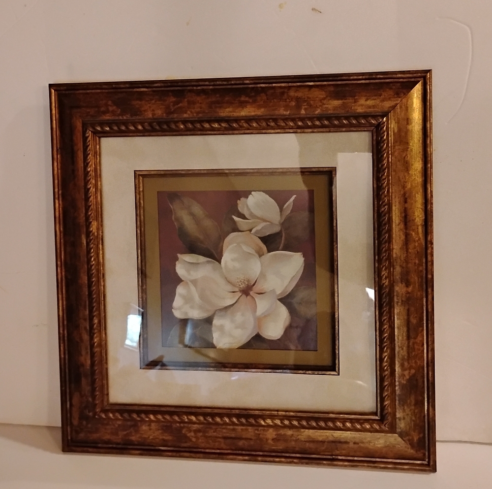 Elegant Gold Framed Floral White Magnolia Painting Print Framed Wall Art Square